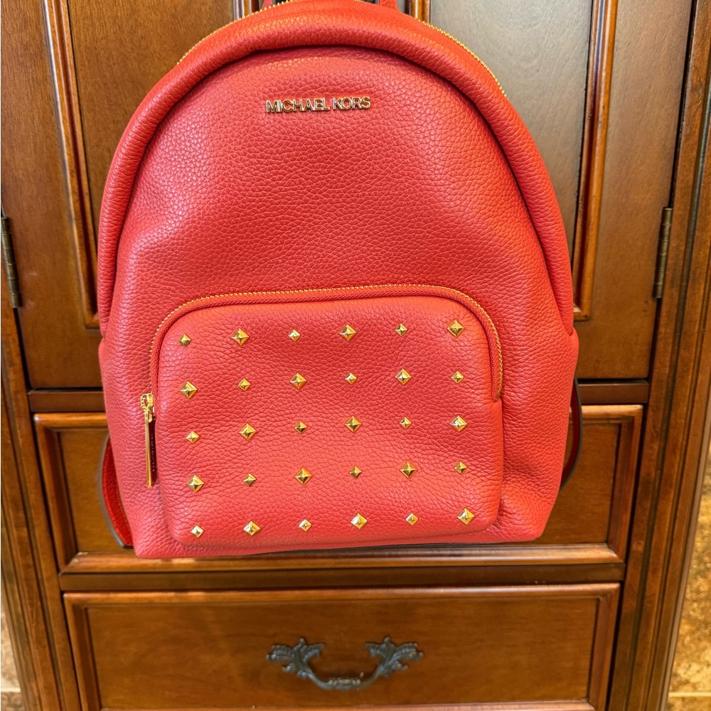 Michael Kors Erin Medium Leather Red Backpack with Gold Studs